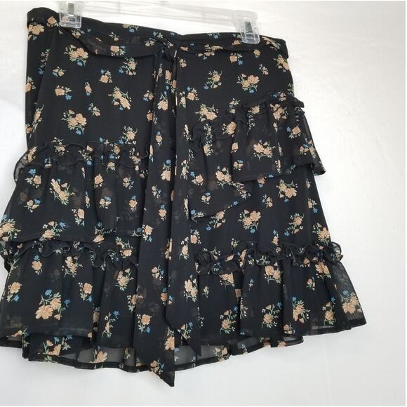 No Boundaries Black Floral Ruffle Tired Sheer Lined Pull On Skirt Sz LG (11/13) - Picture 1 of 11